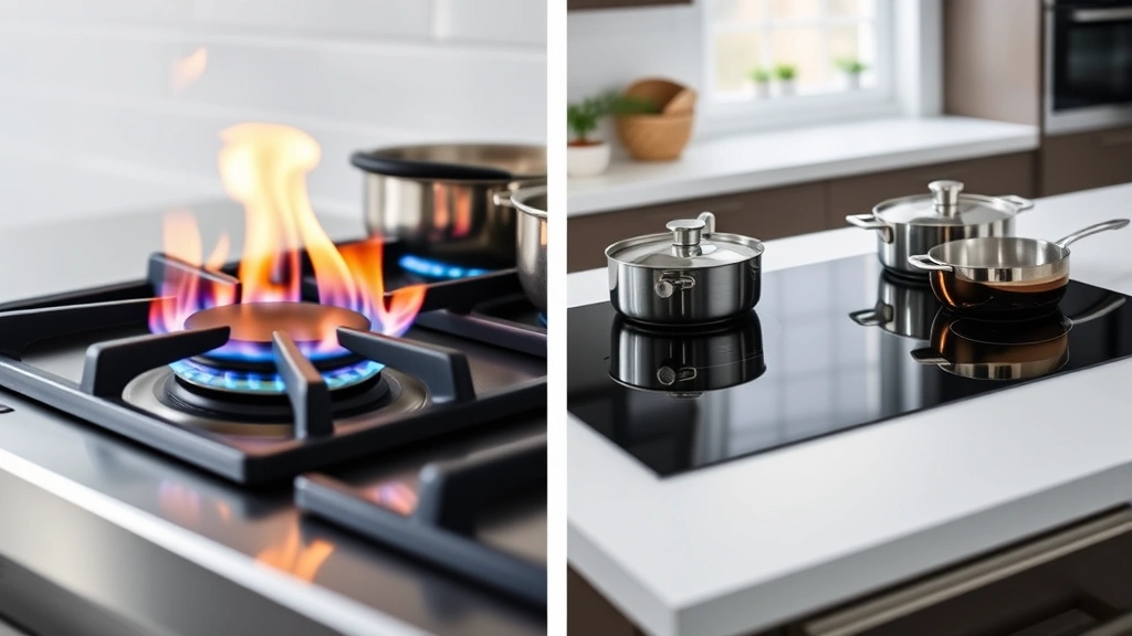Split-screen comparison: left side shows gas stove burner with flames, right side shows sleek induction cooktop surface, both with cookware, bright kitchen lighting, professional product photography style