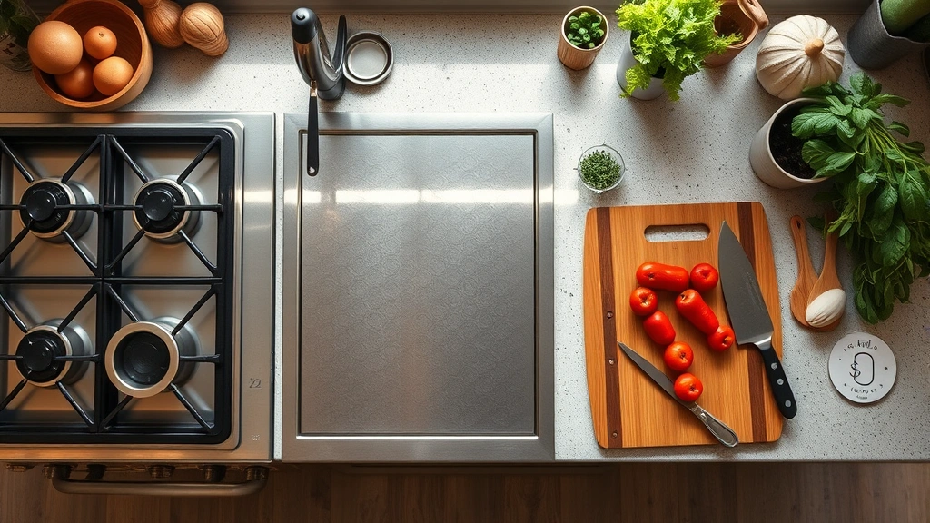 Overhead view of sustainable kitchen workspace with flat-lay arrangement: gas 24 stove, stainless steel cookware, fresh vegetables, wooden cutting board, natural light, earthy tones, lifestyle photography