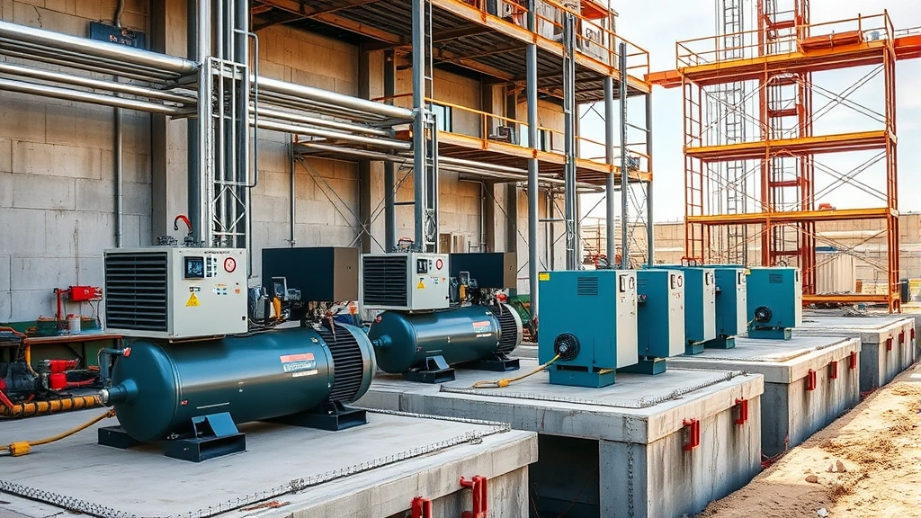 Industrial construction site with multiple air compressors in use, showing concrete foundations and metal scaffolding in natural daylight, realistic photography style