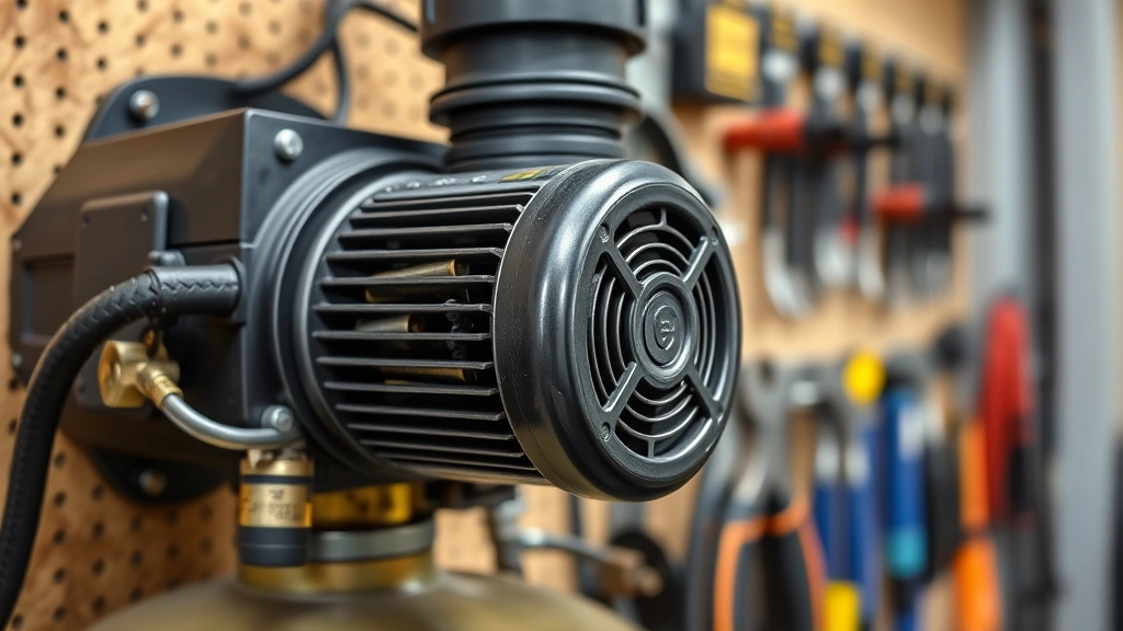 Close-up of electric air compressor unit with visible motor components and power cord, mounted on workshop wall next to hand tools, professional industrial setting