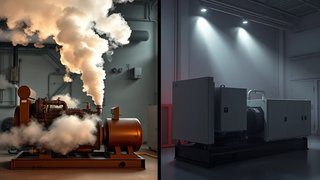 Side-by-side comparison showing diesel/gas-powered compressor on left with visible exhaust fumes and smoke, and silent electric compressor on right in clean environment, dramatic lighting