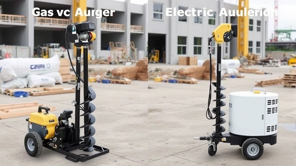 Side-by-side comparison of gas and electric augers in construction site setting, clean modern equipment displayed professionally, no text or logos visible, showing size equivalence
