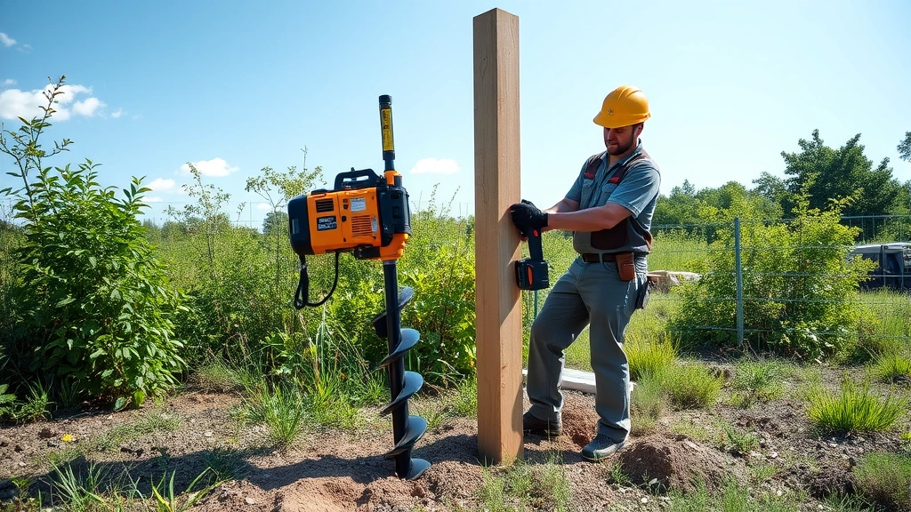 Worker operating battery-powered electric auger drilling fence post holes, renewable energy transition demonstration, natural outdoor setting with lush vegetation and clear sky