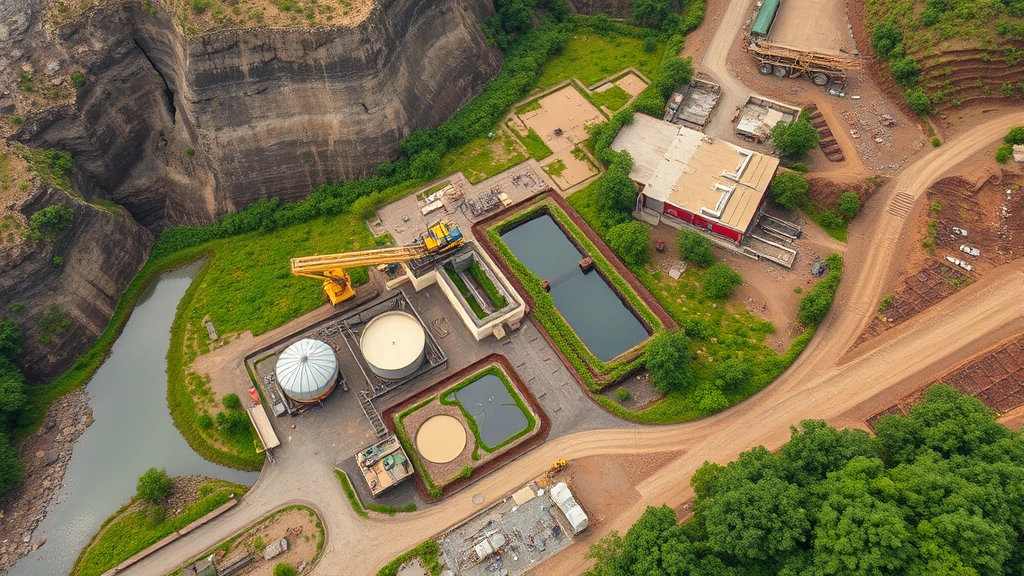 Aerial view of responsible mining operation with environmental protection measures, water treatment systems visible, workers in safety equipment, lush vegetation restoration areas surrounding mining site, sustainable practices documentation boards