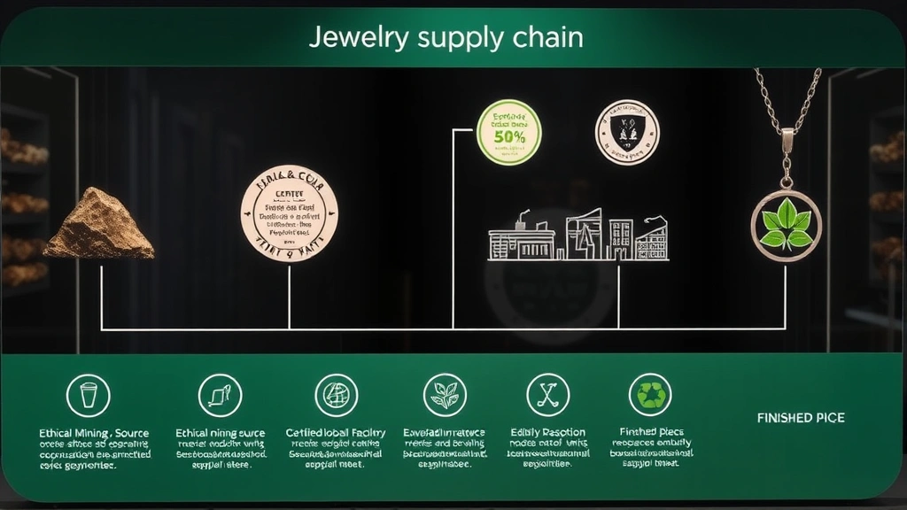 Transparent display of jewelry supply chain journey from ethical mining source through certified manufacturing facility to finished sustainable piece, with certification badges and environmental impact metrics clearly visible, educational exhibition style