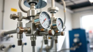 Close-up of industrial CVD equipment manifold with pressure gauges and gas inlet/outlet ports, showing stainless steel components, professional laboratory setting, natural lighting