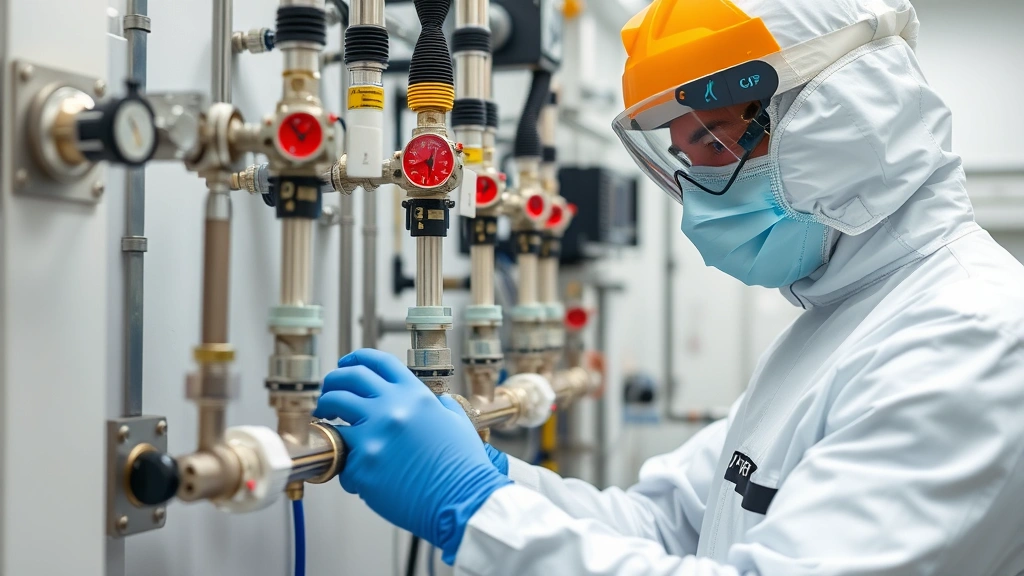 Technician in cleanroom suit performing maintenance on CVD manifold system, using specialized tools, detailed view of pressure sensors and flow control valves, bright clean environment