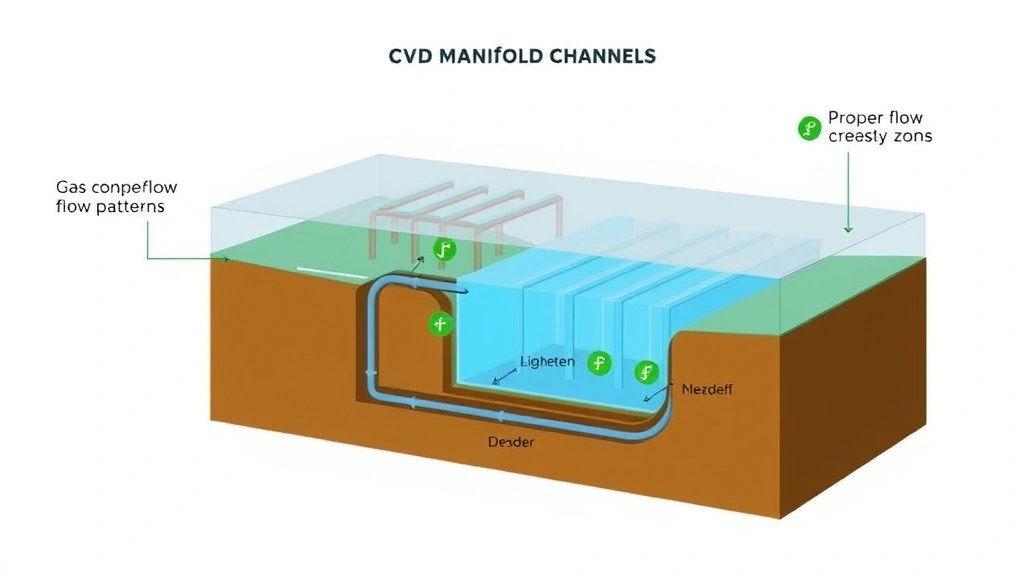 Cross-sectional diagram visualization of gas flow through CVD manifold channels, showing proper flow patterns and highlighting dead zones, technical illustration style with green sustainability indicators