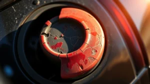 Close-up of a damaged plastic gas cap showing UV degradation, cracks, and discoloration on a car's fuel door, with morning sunlight highlighting the deterioration and environmental exposure