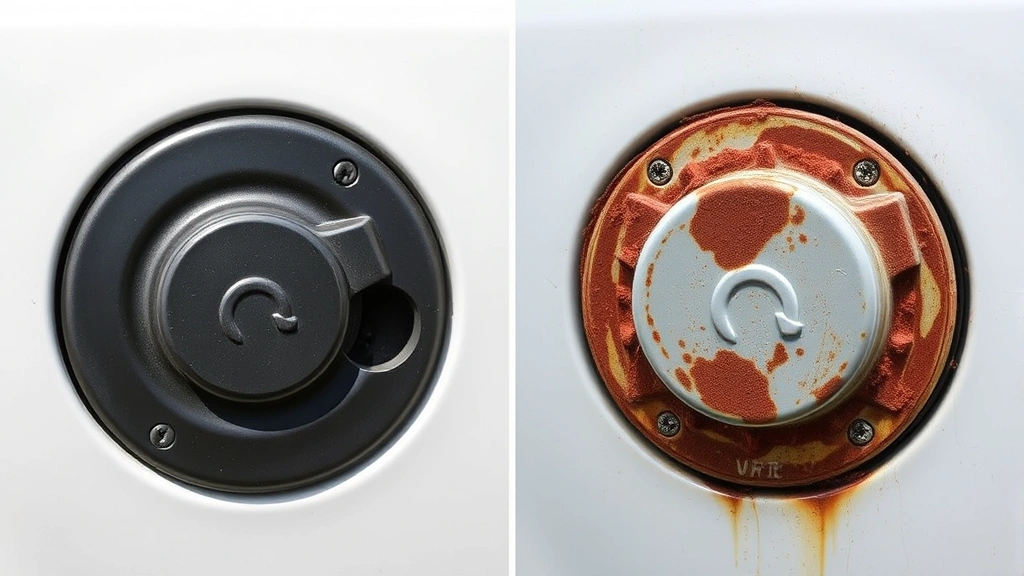 Comparison shot showing a protected fuel door with a quality gas cap cover versus an unprotected fuel door exposed to harsh coastal salt air, rust, and weathering elements