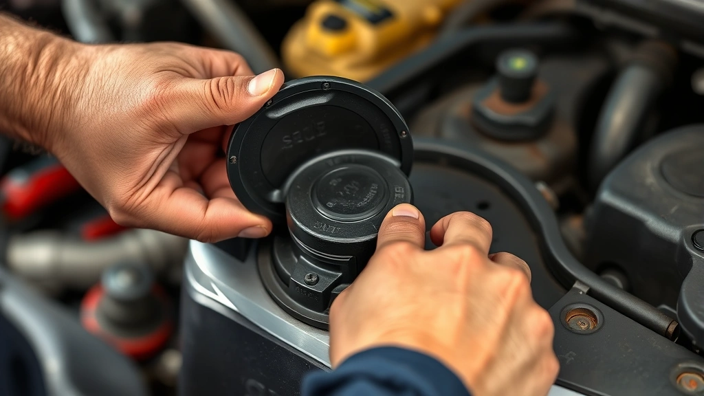 Mechanic's hands installing a protective gas cap cover onto a vehicle's fuel system, demonstrating proper installation technique with tools and environmental conditions visible in background