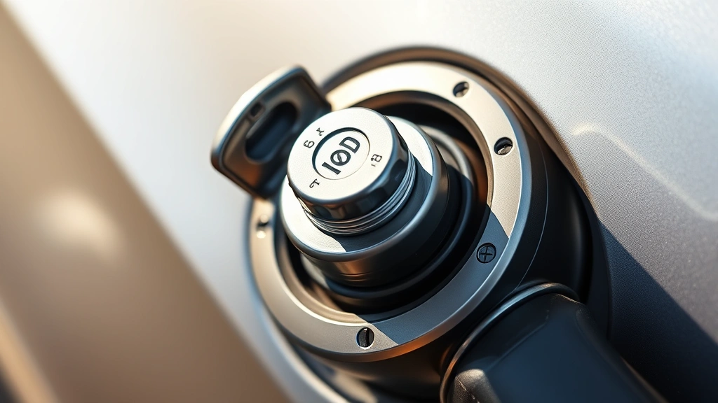 Close-up of modern precision-engineered gas cap with dual-stage sealing mechanism installed on vehicle fuel door, showing detailed spring mechanism and pressure relief valve in natural sunlight, photorealistic automotive detail photography