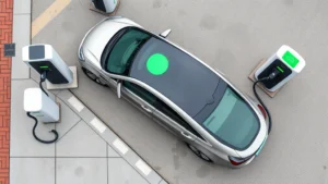 Overhead shot of electric vehicle charging at a public charging station with green energy symbols, modern urban setting, clean minimalist design, no text or signage visible