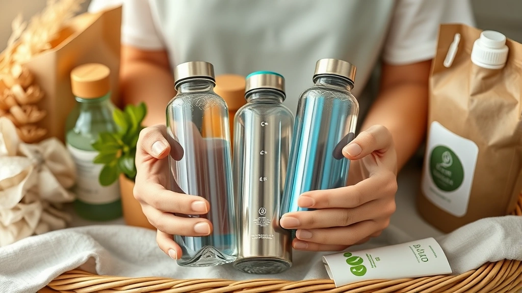 Close-up of hands holding reusable water bottles and sustainable product packaging made from recycled materials, warm natural lighting, eco-friendly items arranged artfully, no labels or branding visible