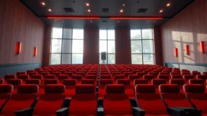 Modern theater auditorium with warm LED lighting and empty velvet seats during daytime with natural light from updated windows, photorealistic professional photography