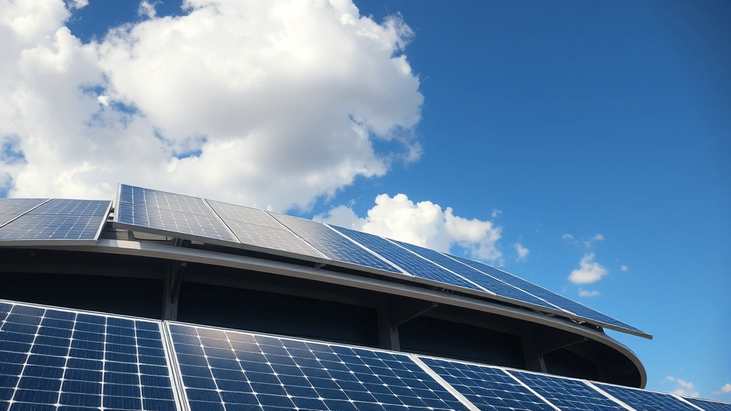 Close-up of solar panels on performing arts center roof with blue sky and white clouds, photorealistic daytime shot showing clean installation