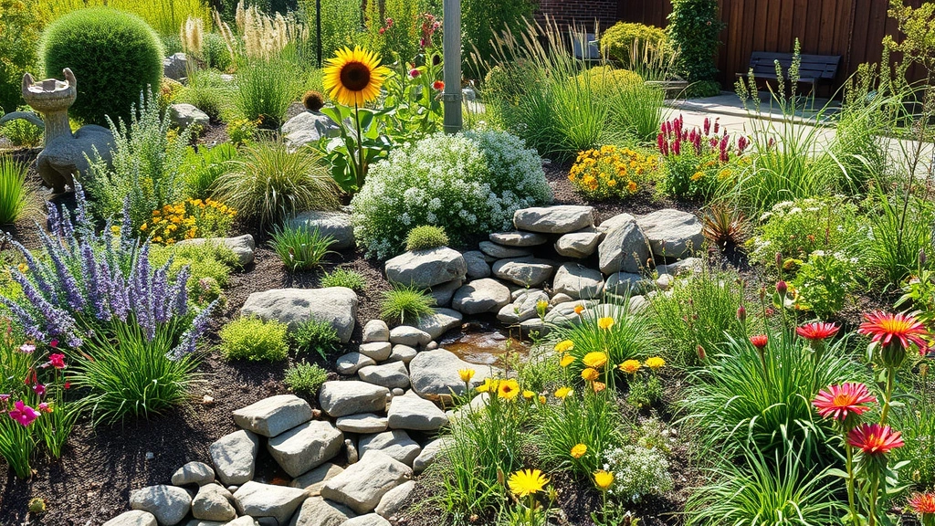 Native perennial garden landscape with rain garden feature, biodiverse plants, water infiltration design, natural sunlight, photorealistic environmental photography