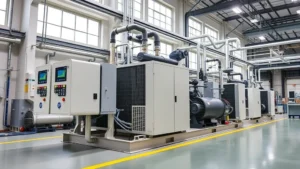 Modern industrial facility with advanced variable frequency drive gas compressor system installed, showing digital control panels and energy monitoring displays, clean manufacturing environment with natural lighting