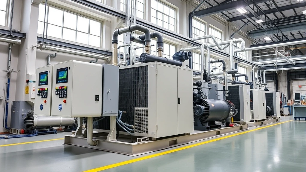 Modern industrial facility with advanced variable frequency drive gas compressor system installed, showing digital control panels and energy monitoring displays, clean manufacturing environment with natural lighting