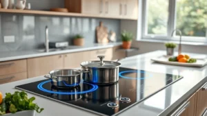 Photorealistic image of a modern kitchen with stainless steel induction cooktop glowing with blue electromagnetic rings, showing cookware heating rapidly, natural light from window, clean countertops with fresh vegetables and herbs, sustainable kitchen aesthetic