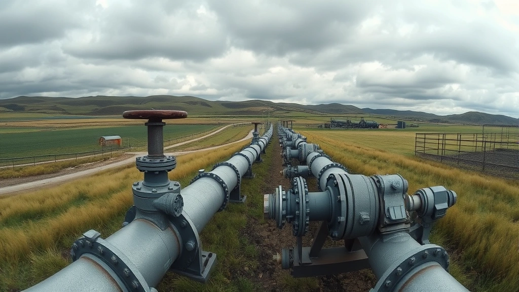 Wide-angle photorealistic view of natural gas pipeline infrastructure in industrial landscape with rolling hills and grassland, showing metal pipes, valves, and industrial equipment, cloudy sky, environmental context of fossil fuel extraction