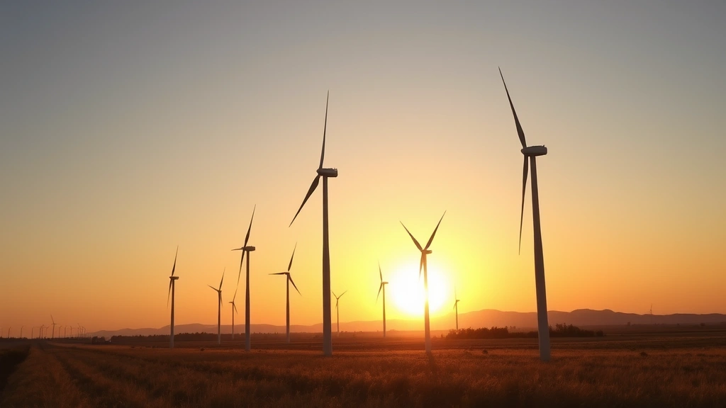 Modern wind turbines standing tall in open field at sunset with golden light, demonstrating clean energy generation technology in natural environment without any visible text or signage