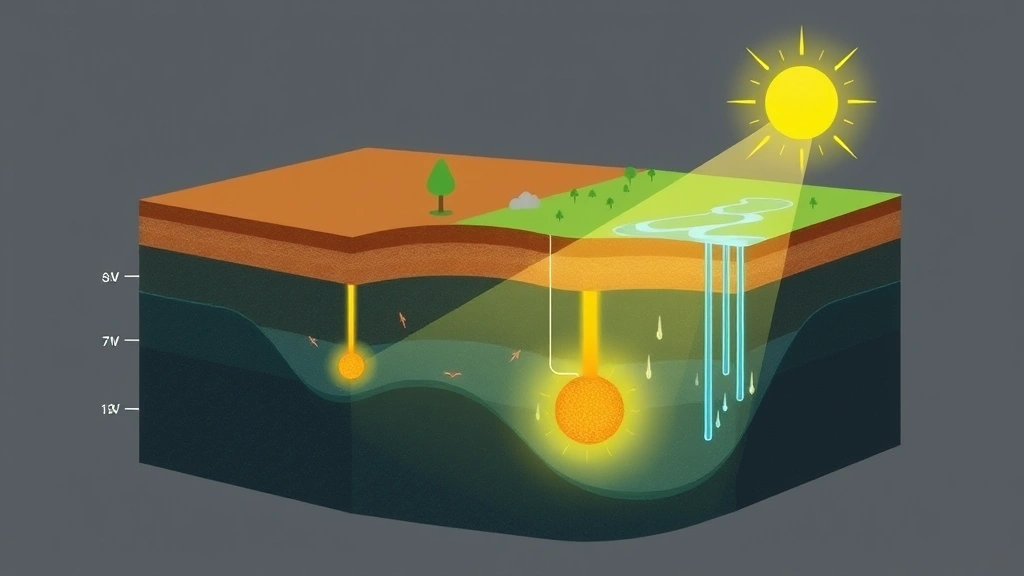 Cross-section diagram visualization showing underground layers with renewable energy sources like geothermal heat and water flow, representing sustainable energy alternatives to fossil fuels