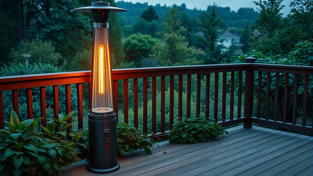 Photorealistic image of a modern electric patio heater on a wooden deck surrounded by green plants and natural landscape, warm ambient lighting, no text or signage