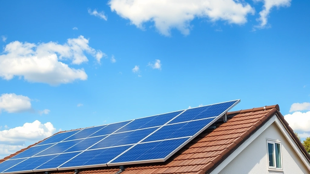 Photorealistic photograph of solar panels on a residential rooftop with blue sky and natural clouds, showing sustainable energy infrastructure, no labels or text