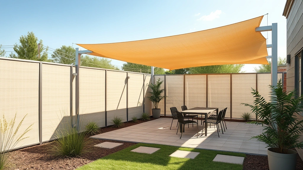 Photorealistic image of an outdoor space with windbreak fencing and thermal design elements creating a sheltered patio area with natural vegetation, no text or signage