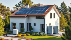 Modern residential home with solar panels on roof and geothermal heat pump unit visible, surrounded by green landscaping and trees, photorealistic daytime view showing sustainable heating infrastructure integration