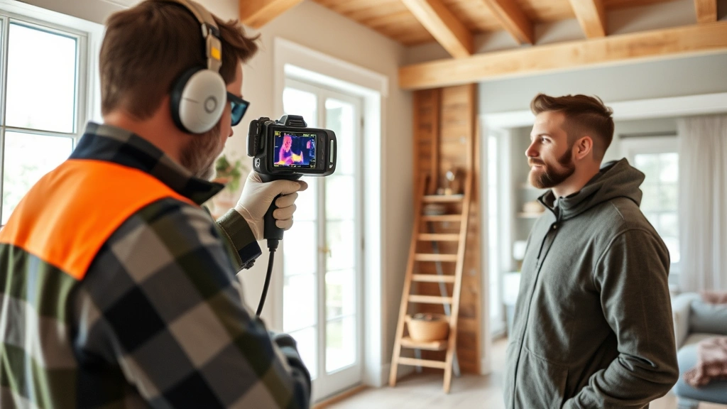 Professional technician performing home energy audit with thermal imaging camera, examining insulation and weatherization while customer observes, modern efficient home interior