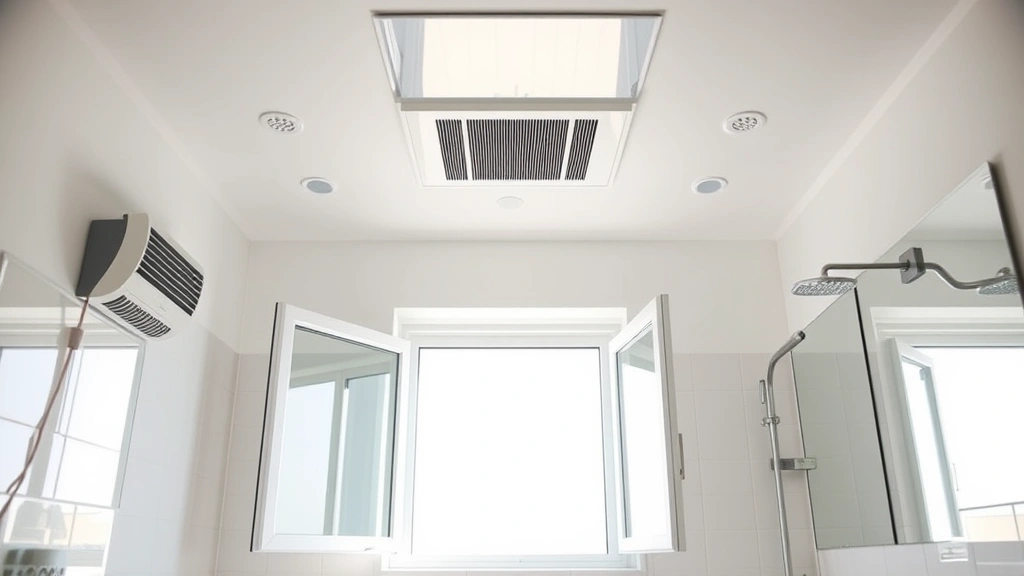 Interior of a bright, modern bathroom with an open window and running exhaust fan, showing proper ventilation during cleaning, sunlight streaming in, clean surfaces without harsh chemicals visible, emphasizing air quality and safety