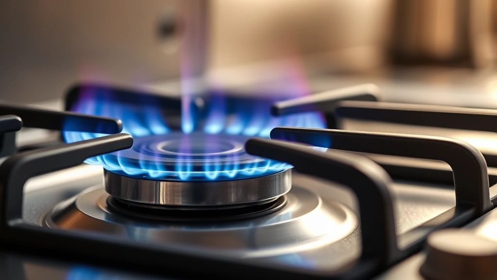 Modern propane gas stove burner with blue flame igniting, stainless steel cooktop, close-up of flame combustion, professional kitchen setting, warm natural lighting