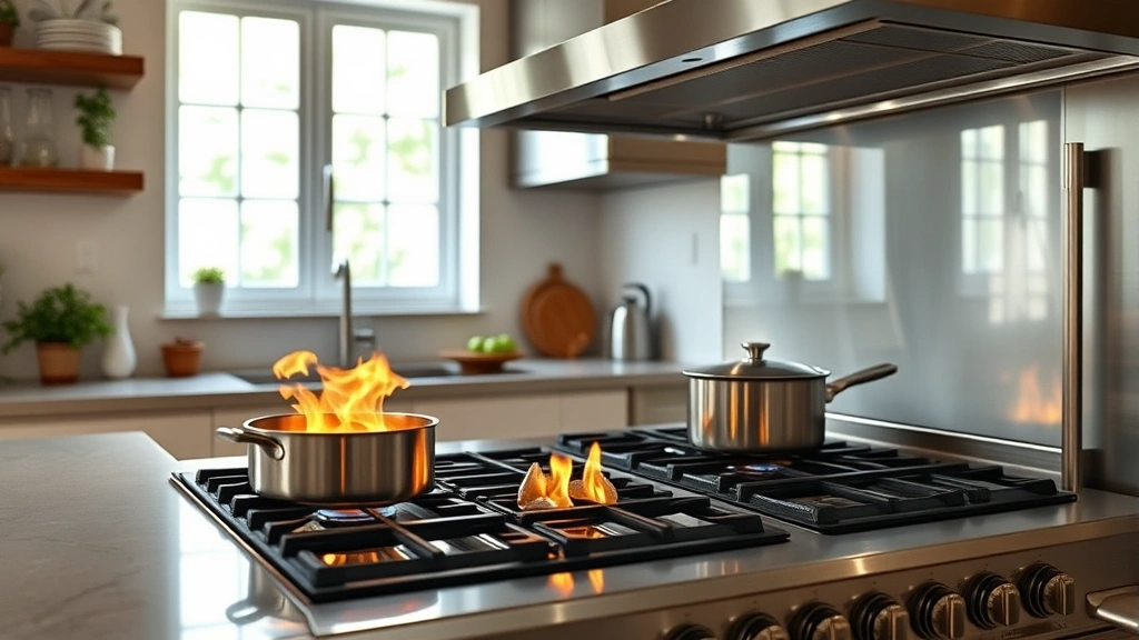Kitchen interior with professional gas range, pots and pans cooking with visible flames, stainless steel appliances, bright natural light from windows, modern eco-conscious home design