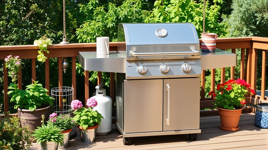 Stainless steel gas grill with propane tank on wooden deck surrounded by potted herbs and flowering plants, natural daylight, clean modern outdoor kitchen setting