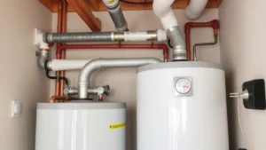 Modern residential water heater installation in utility room with insulated pipes and thermostat controls, showing energy efficiency components and professional setup