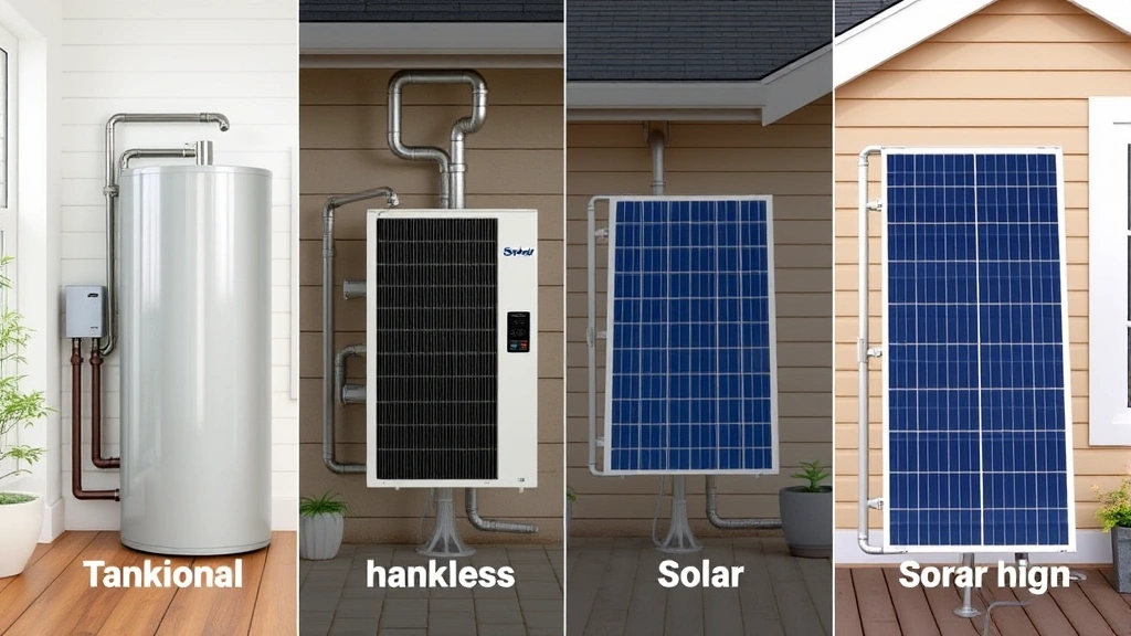 Comparison display of different water heating technologies side by side: traditional tank, tankless, heat pump, and solar thermal systems in a home setting