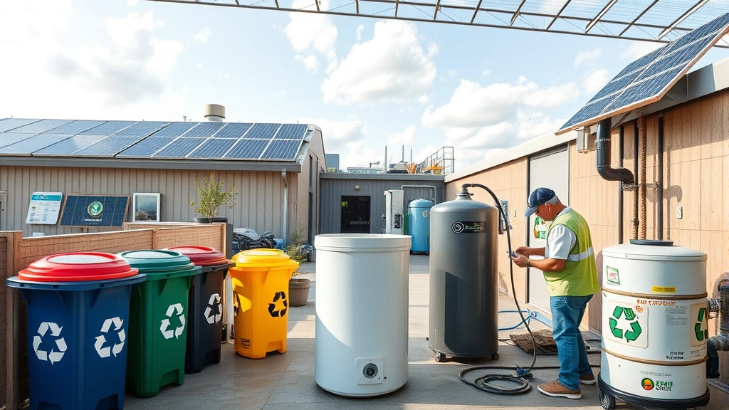 Sustainable manufacturing facility with recycling bins, renewable energy panels on roof, and workers handling water heater components with environmental care practices