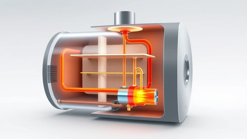 Cutaway technical diagram of gas water heater tank showing internal heating chamber, insulation layers, and burner assembly with energy flow visualization