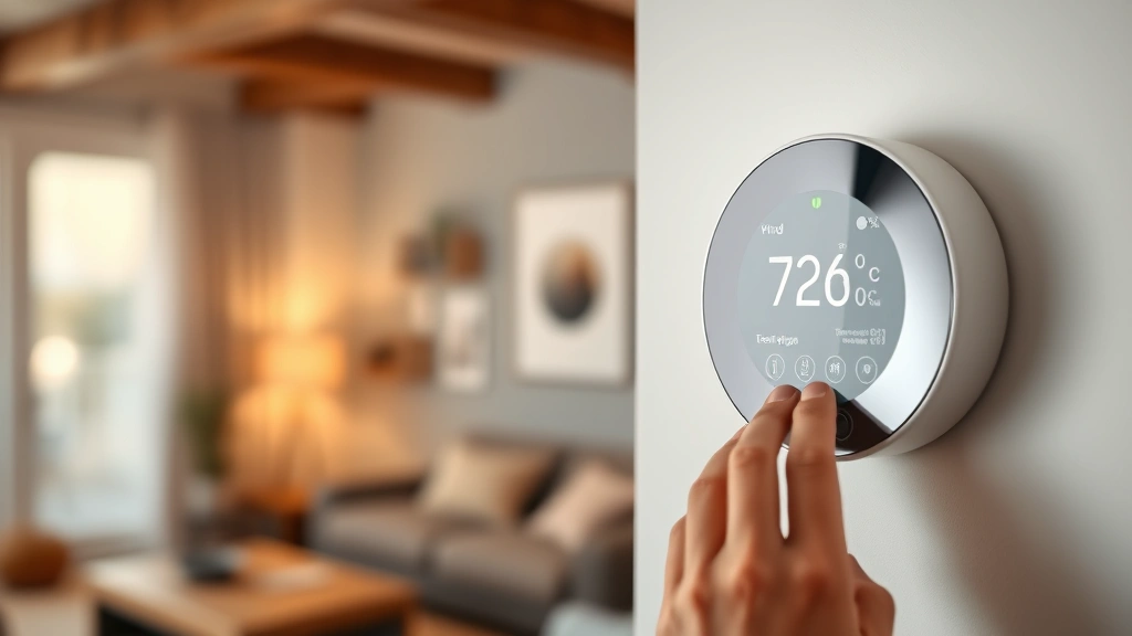 Modern smart thermostat display mounted on white wall showing temperature settings, with blurred comfortable home interior background, warm lighting, person's hand adjusting controls, no visible brand names or text labels