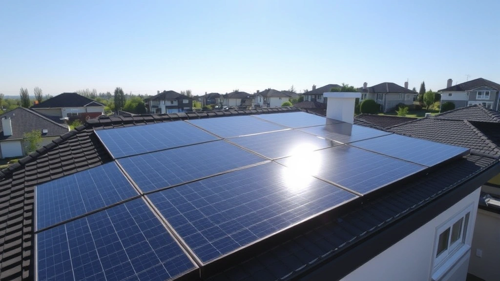 Residential rooftop solar panel array installed on modern home roof, multiple photovoltaic panels catching sunlight, suburban neighborhood visible in background, clear sky, professional installation quality, no visible logos or text