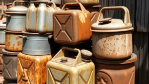 Weathered traditional metal jerry cans showing rust and corrosion damage stacked outdoors in natural sunlight, demonstrating degradation from environmental exposure