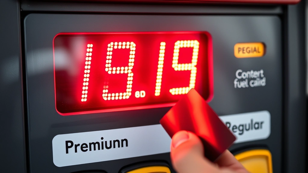 Close-up of a digital fuel pump display showing current price per gallon in bright LED numbers, customer's hand inserting credit card, premium and regular fuel options visible, clean pump interface, modern gas station equipment
