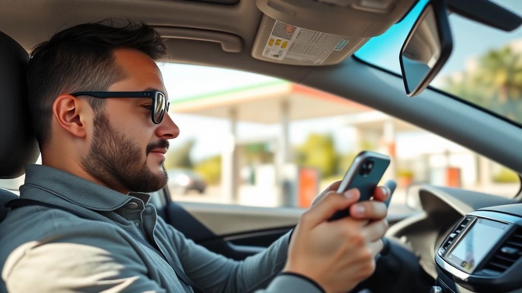 Eco-conscious driver checking gas prices on smartphone app while sitting in fuel-efficient vehicle, dashboard visible, calm expression, modern fuel station in background, sunny day, represents technology and sustainability intersection