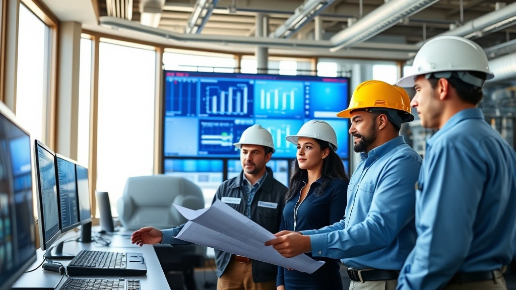 Professional team of diverse engineers and technicians in hard hats reviewing blueprints at modern utility control center with screens showing grid monitoring data, collaborative environment with natural lighting