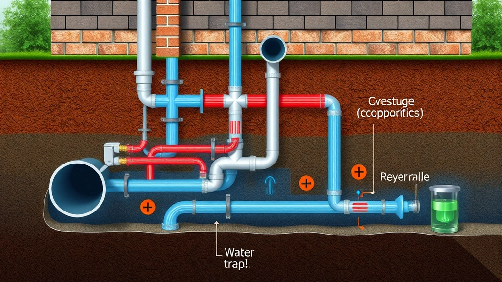 Cross-section illustration of a residential plumbing system showing sewer pipes, vent stacks, and water traps with gas flow patterns, photorealistic underground infrastructure view with moisture and decomposition indicators