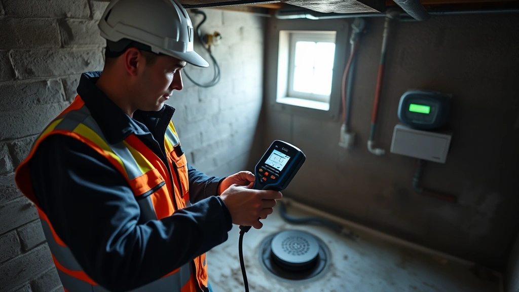 Professional plumber using handheld gas detection equipment in a residential basement near floor drains, wearing safety equipment, digital meter display visible, natural lighting from basement window
