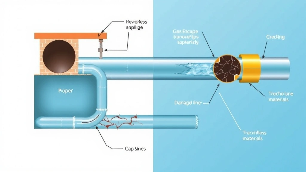 Cutaway diagram showing proper sewer line structure versus damaged pipes with cracks and gas escape points, demonstrating trenchless repair technology and modern pipe materials, detailed technical illustration