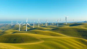 Photorealistic image of a modern wind turbine farm stretching across rolling green hills under a clear blue sky, with white turbines positioned naturally in the landscape, no text or labels visible